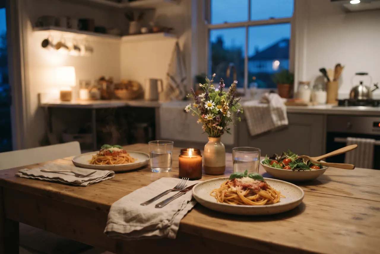 A kitchen table set for two with pasta, a salad, a lit candle and a small vase of flowers